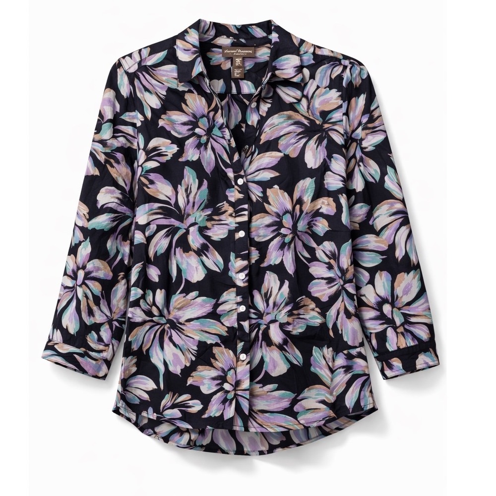 Tommy Bahama Womens Floral Silk Cotton Button Down Shirt Navy Purple Teal Medium